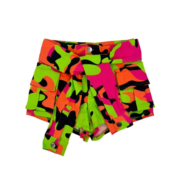 Hot & Delicious Neon Camo Print High-Waisted Festival Shorts w/Belted Design S - Picture 2 of 10